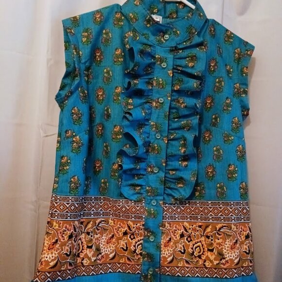 Nwt Tuxedo Ruffle Front Blouse Top M Blue Rust floral Button Up Tank Mandarin - Picture 6 of 10